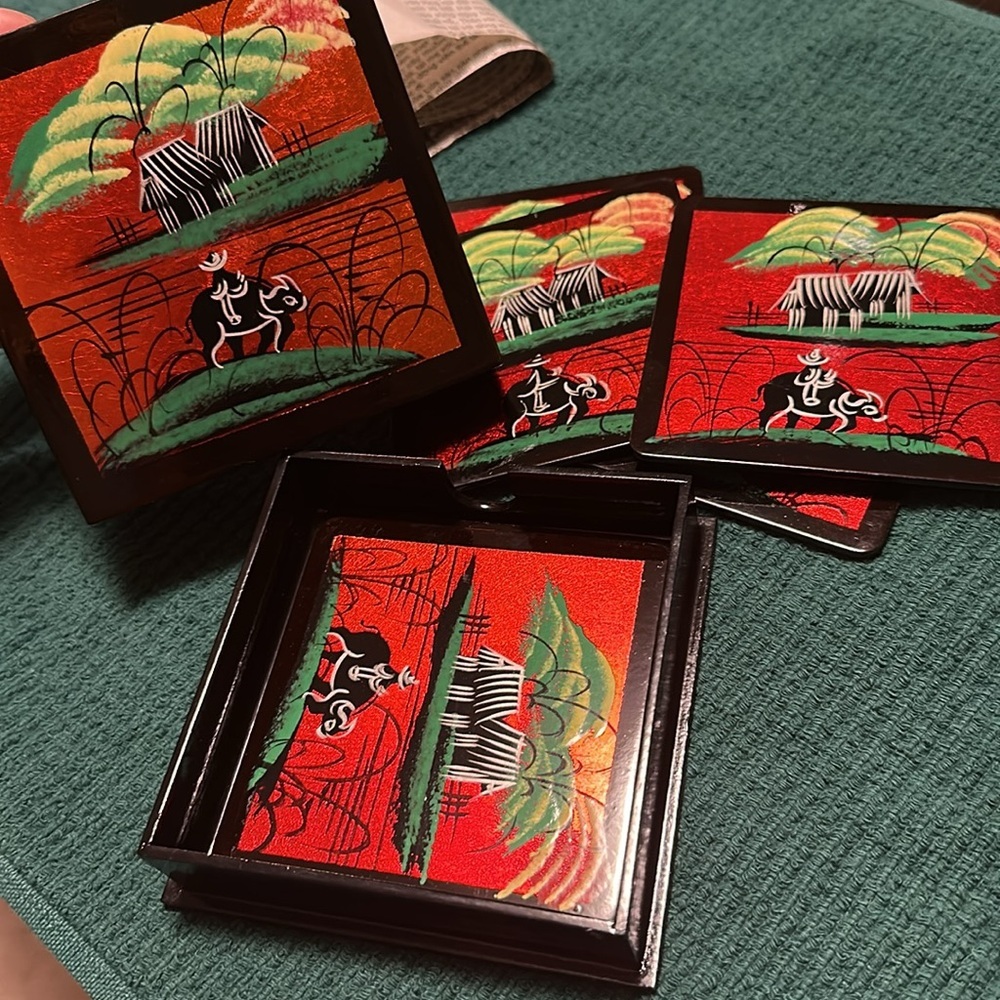 Japanese Art Coasters Hand Painted Lacquer - Vintage Each Painted by Hand + Box